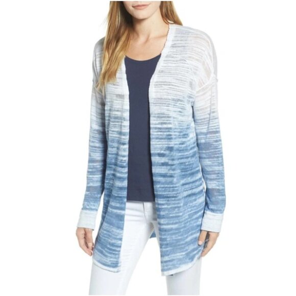 Nic + Zoe Blue White Open Breeze Linen Cotton Ombre Long Sleeve Cardigan Medium - Picture 3 of 14
